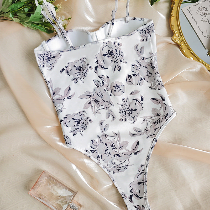 Floral-patterned white bodysuit from Cute Boning Vintage Corset fashion collection