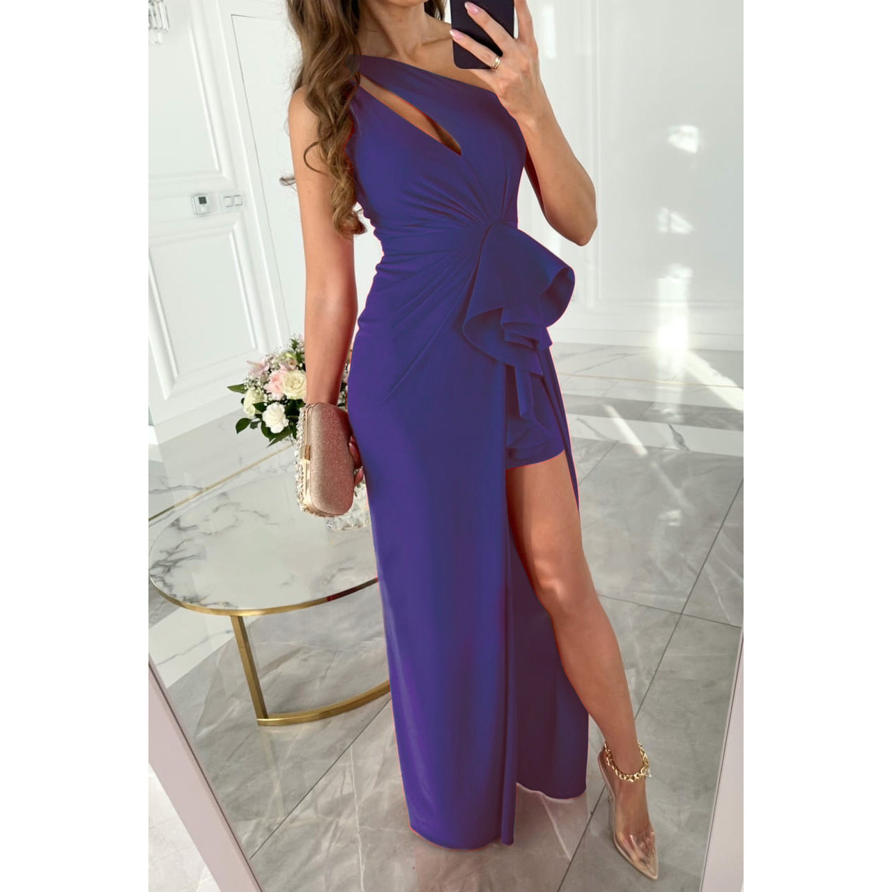 Beautiful multi color dress featuring a one-shoulder blue design with a thigh-high slit