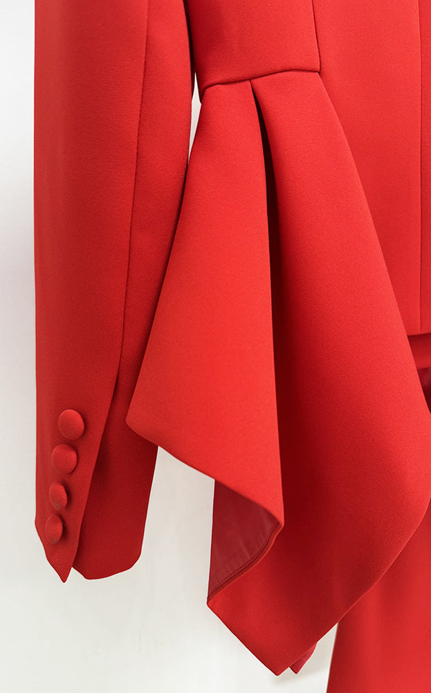 Red asymmetrical Langry fashion blazer with buttons and pleated front