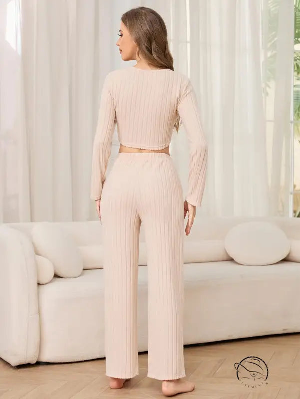 Woman in winter casual two piece pajamas ribbed knit lounge set