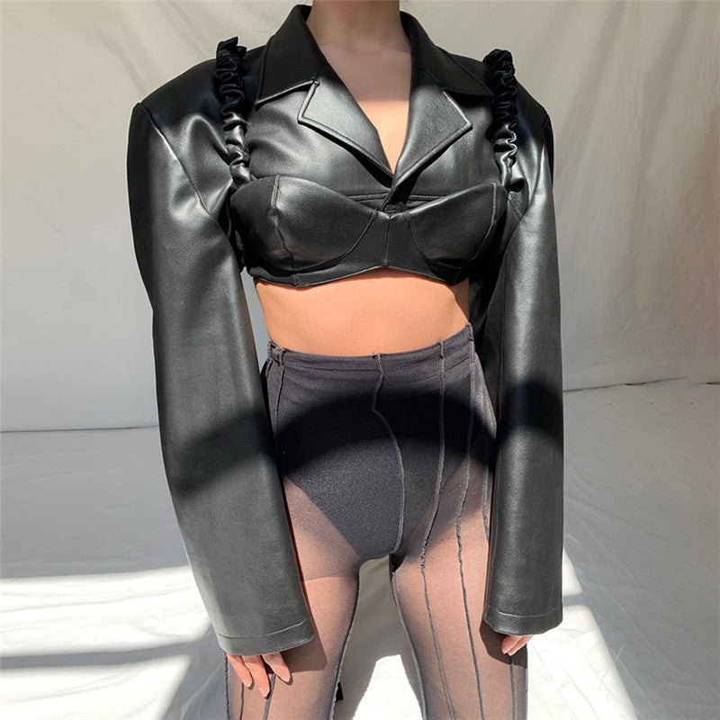 Elegant Slimming Faux Leather Shacket featuring a black leather cropped jacket for fashion enthusiasts