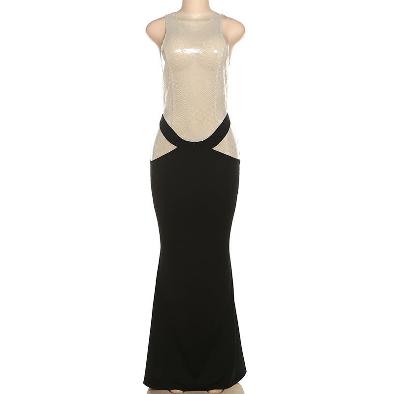 Sleeveless two-tone evening gown, Elegant Party Maxi Dress, stylish langry fashion piece