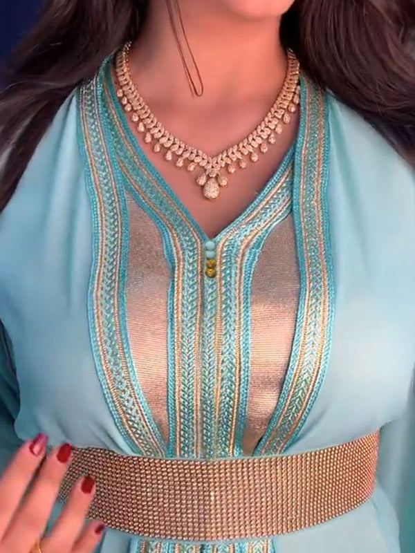 Langry fashion mint green and gold embroidered kaftan with beaded belt in beautiful two-piece dress