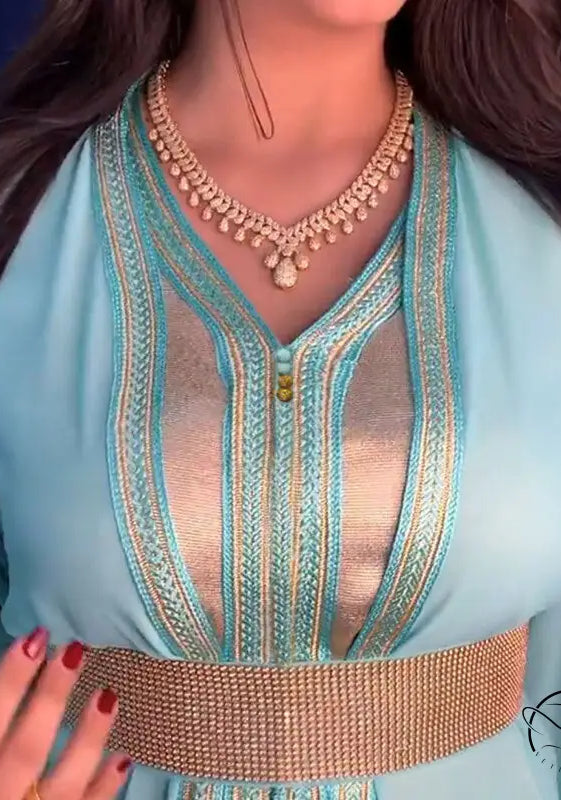 Mint green and gold embroidered langry kaftan with beaded belt
