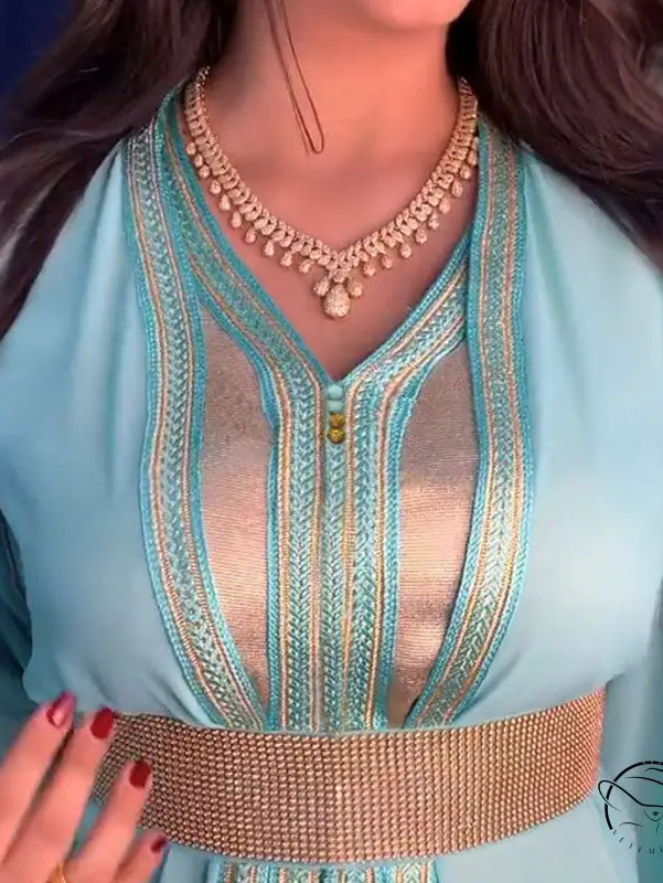 Mint green and gold embroidered langry kaftan with beaded belt