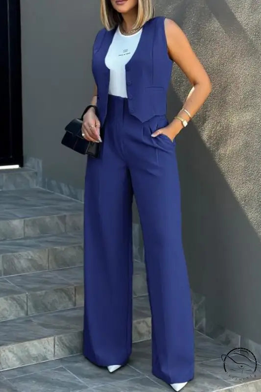 Elegant vest jacket wide leg pants set in blue