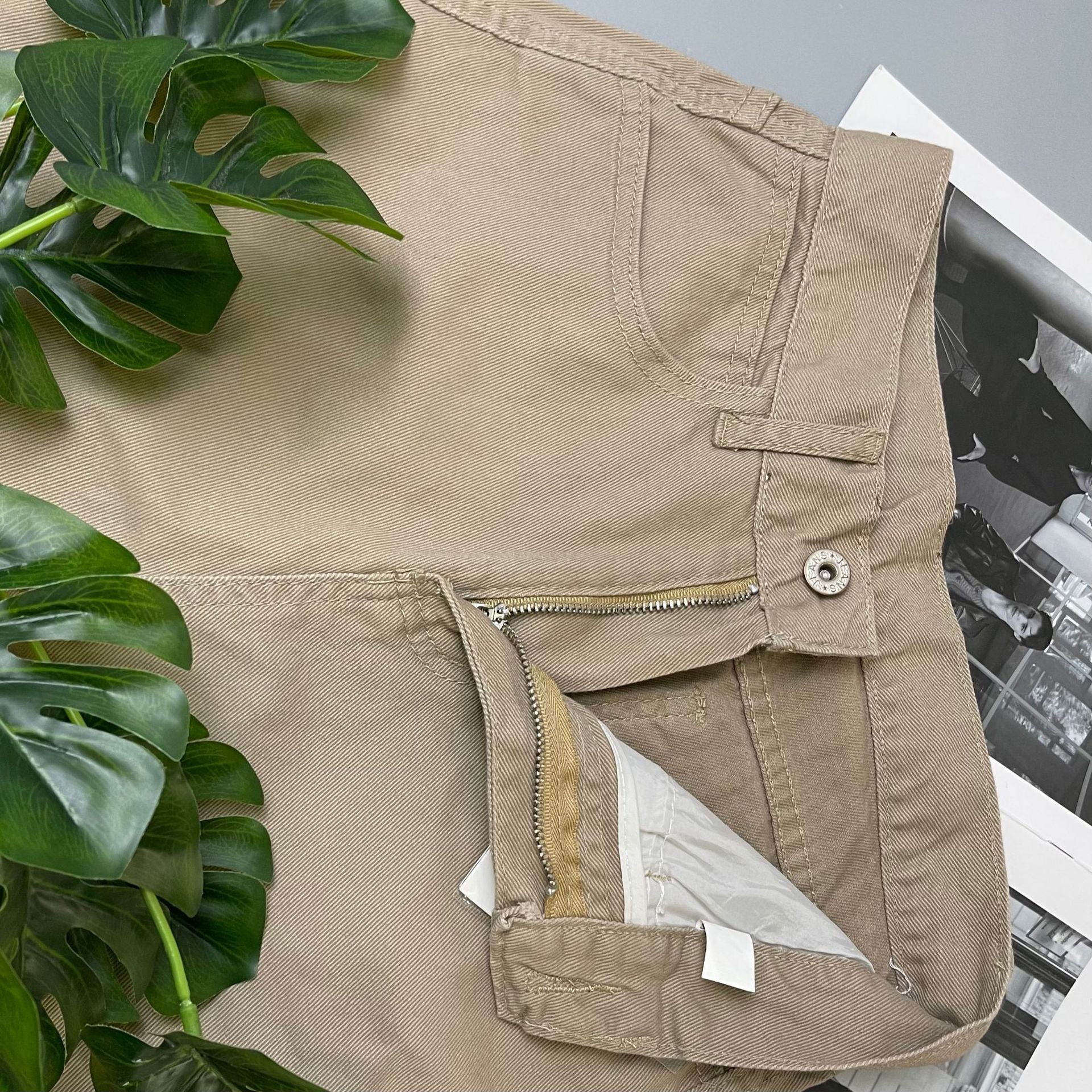 Beige retro light khaki high waist draggle tail straight trousers with open zipper