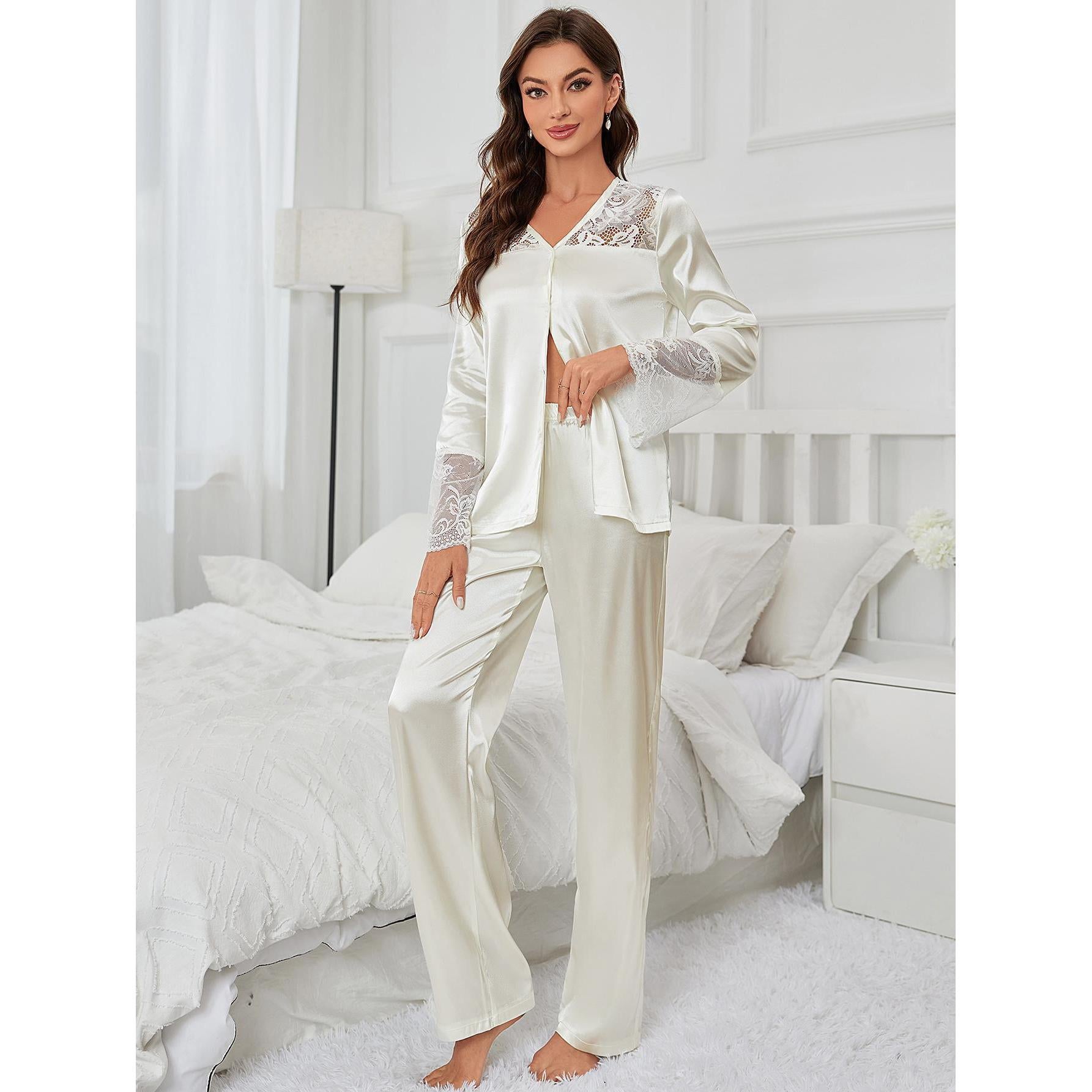 Woman in white satin silk home wear pajamas with lace trim for elegant night attire
