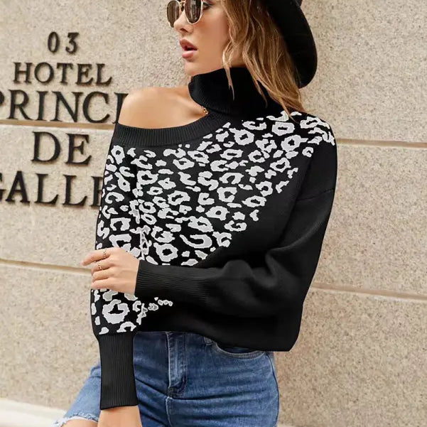 Langry leopard print off-the-shoulder fashion sweater in black and white cotton blend