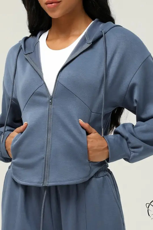 Blue zip-up hooded casual cardigan sweater