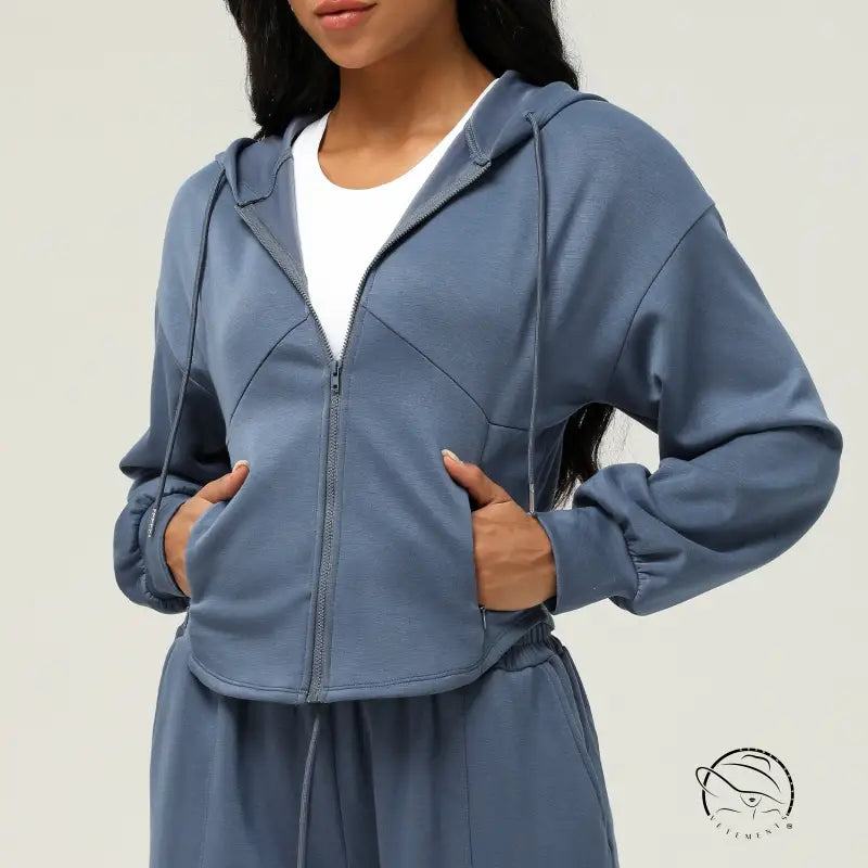 Blue zip-up hooded casual cardigan sweater