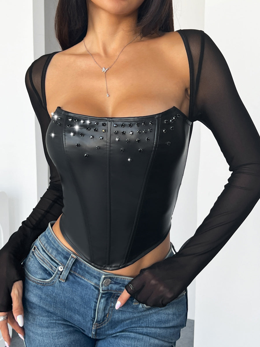 Black faux leather studded corset top from Langry Fashion, perfect for chic style