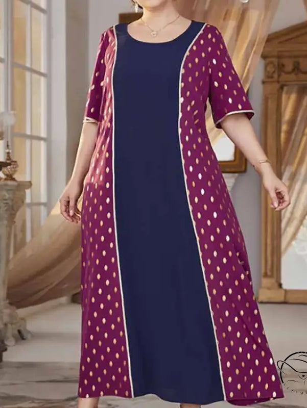 Comfy high waist elastic maxi dress in navy with magenta gold polka dot panels