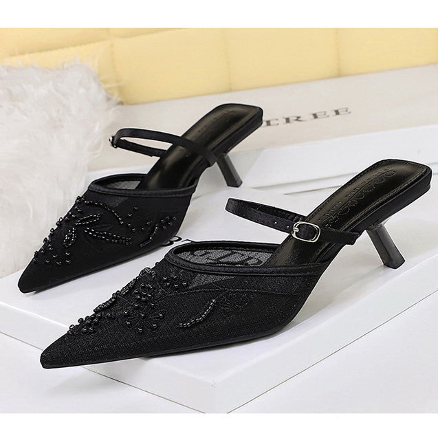 Langry fashion black velvet mule heels with beaded pointed toe