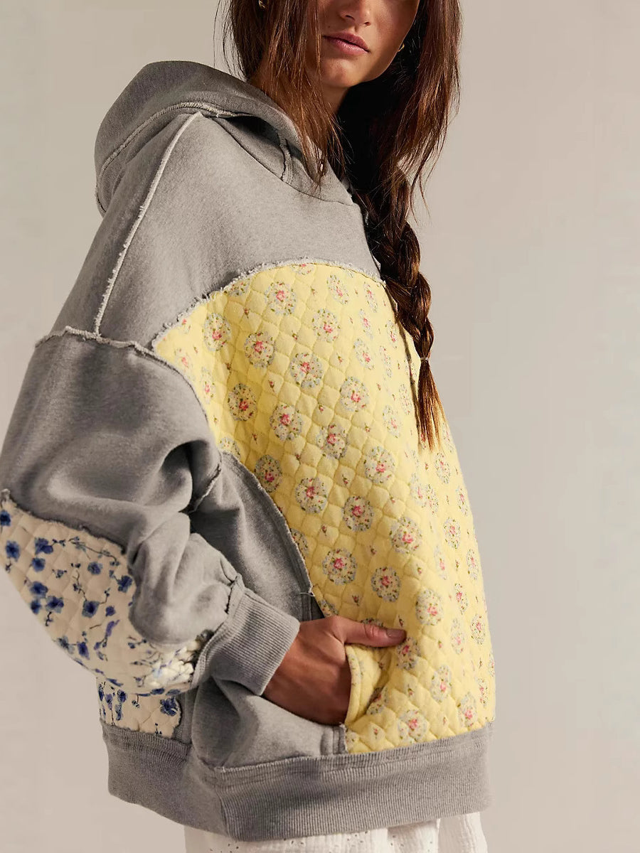 Langry yellow quilted hoodie with floral accents, gray sleeves, fashion ملابس