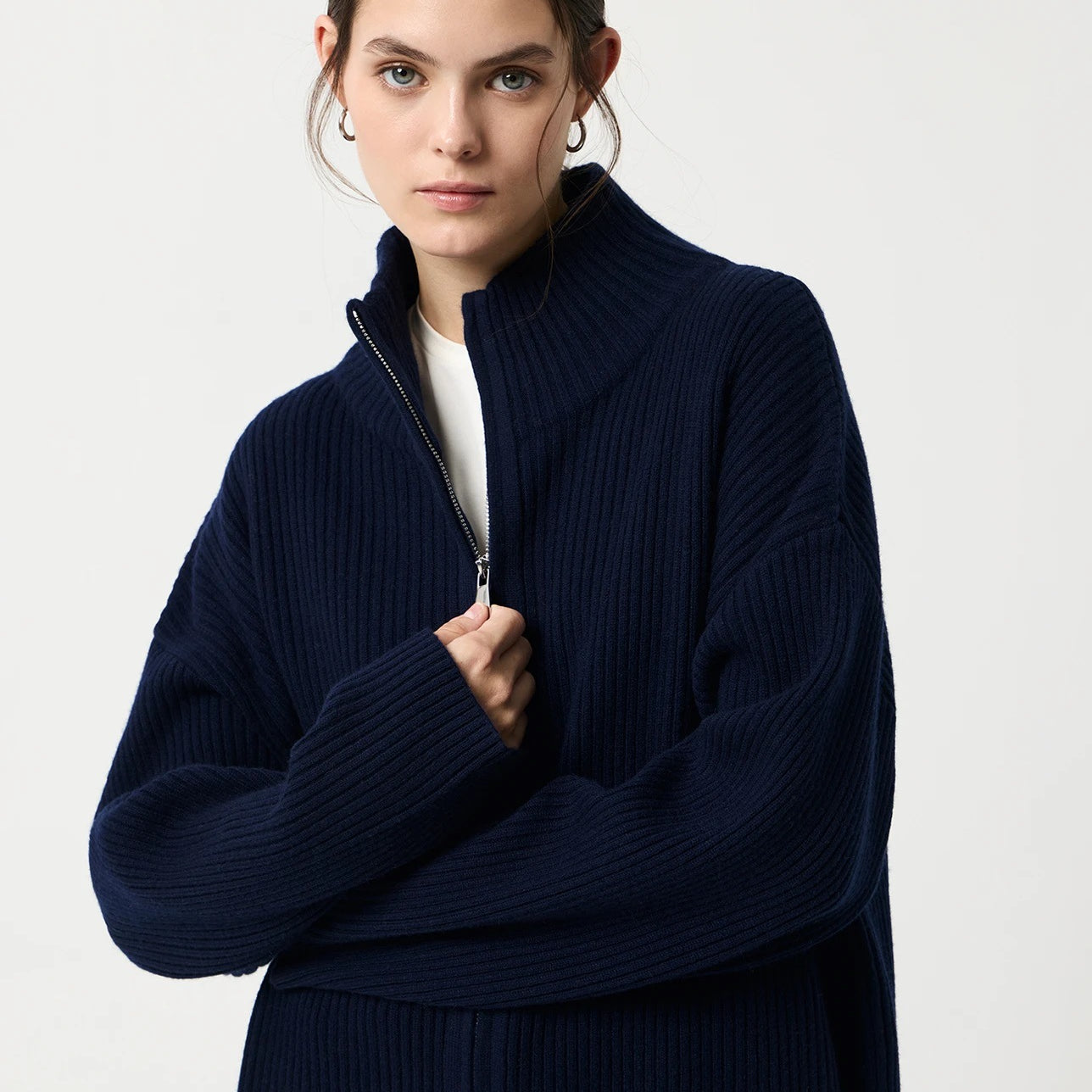 Navy blue ribbed high collar wool zipper cardigan with long regular sleeves