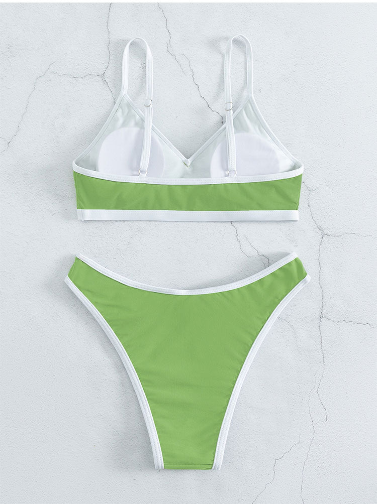 Green and white two-piece swimsuit with solid color stitching and small fresh design