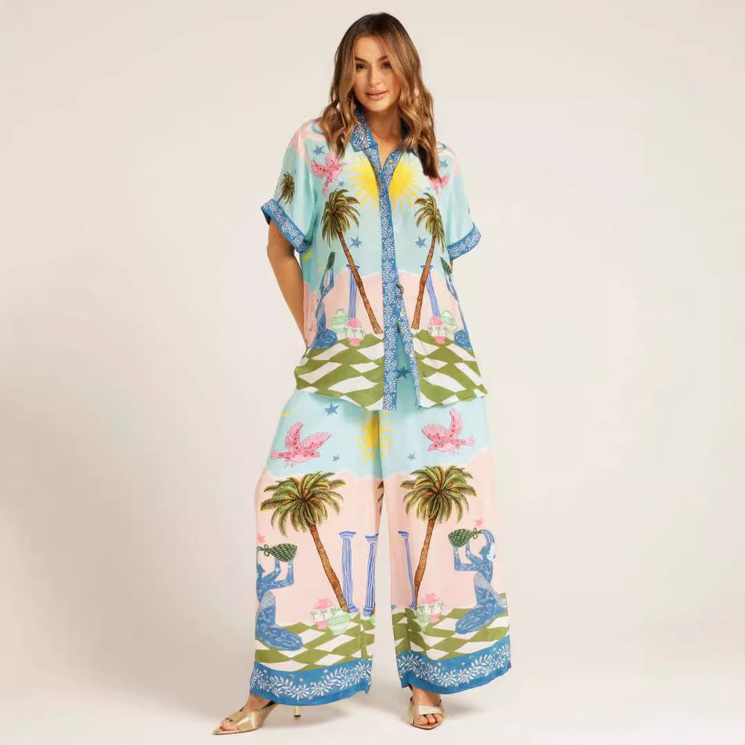 Woman wearing a patterned pajama set in langry fashion for ملابس relaxation and comfort