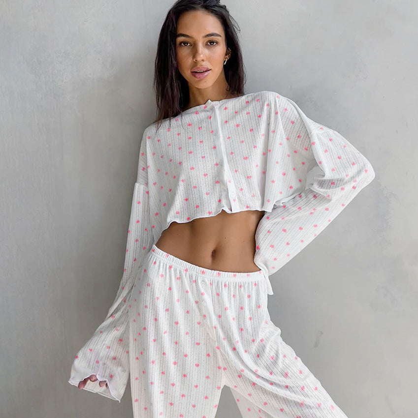 White pajama set with pink heart printing, part of Knitted Heart Printing Pajamas collection