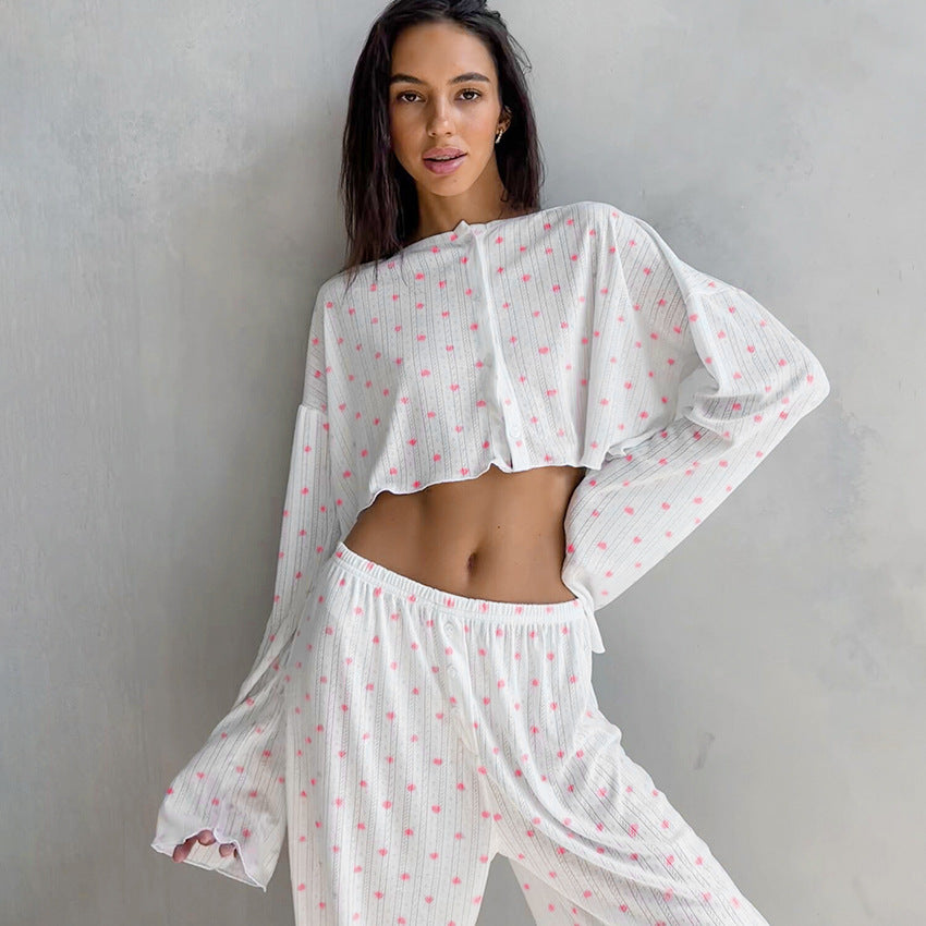White pajama set with pink heart printing, part of Knitted Heart Printing Pajamas collection