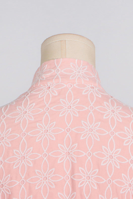 Pink eyelet blouse with stand collar, langry fashion style, perfect for women