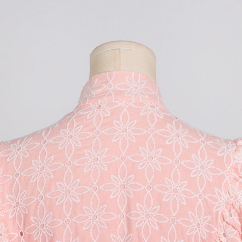 Pink eyelet blouse with stand collar, langry fashion style, perfect for women