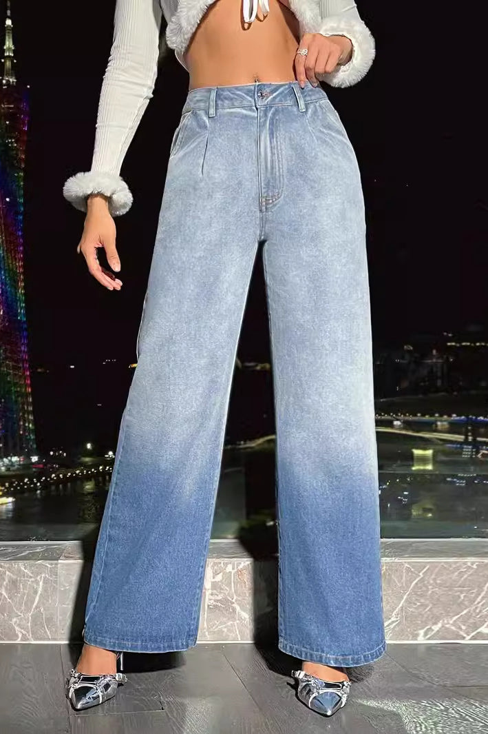 Blue ombre wide-leg denim trousers for women, stylish langry fashion high waist jeans