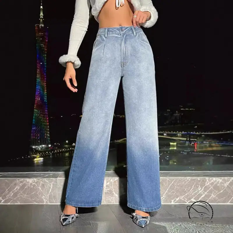 Blue ombre wide-leg denim trousers in langry fashion style