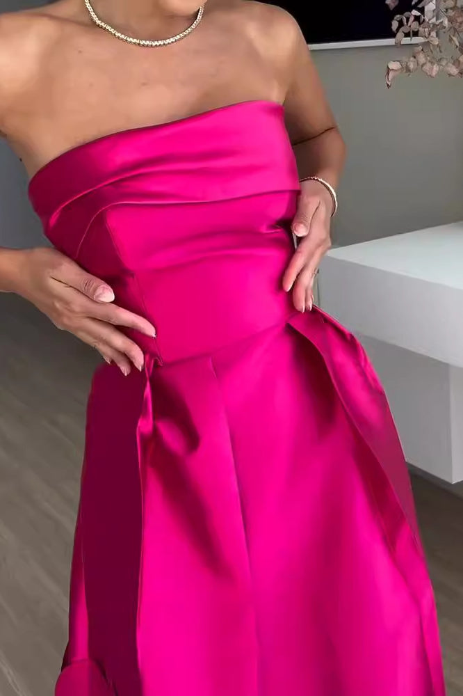 Strapless Fuchsia Satin Dress showcasing Stylish and Elegant Langry Fashion ملابس