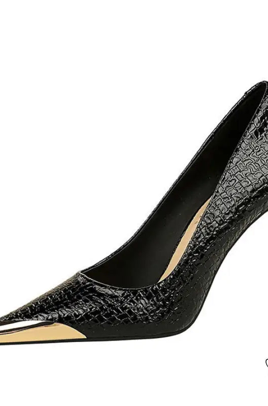 Elegant black stiletto heel with gold toe in langry fashion leather low cut metal pointed high heel