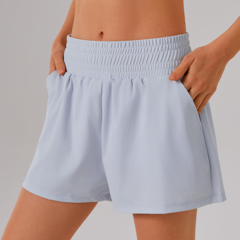 Light blue elastic-waist shorts with pockets in the Langry Loose Sports Yoga Fitness Set
