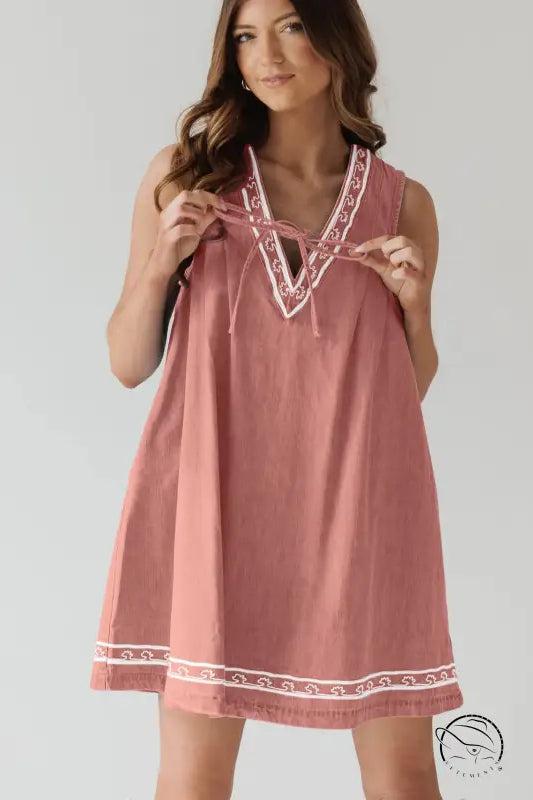 Beautiful embroidered vest denim dress in sleeveless pink with embroidery