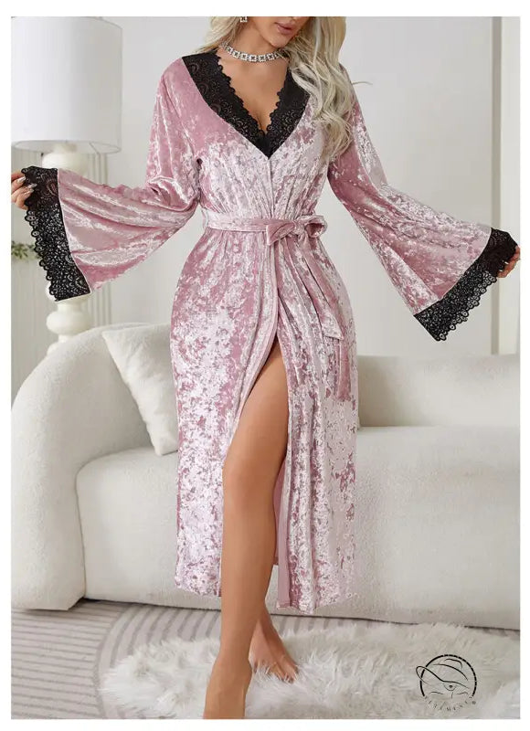 Women’s pink crushed velvet lengthened bathrobe with black lace trim, lace light luxury home wear