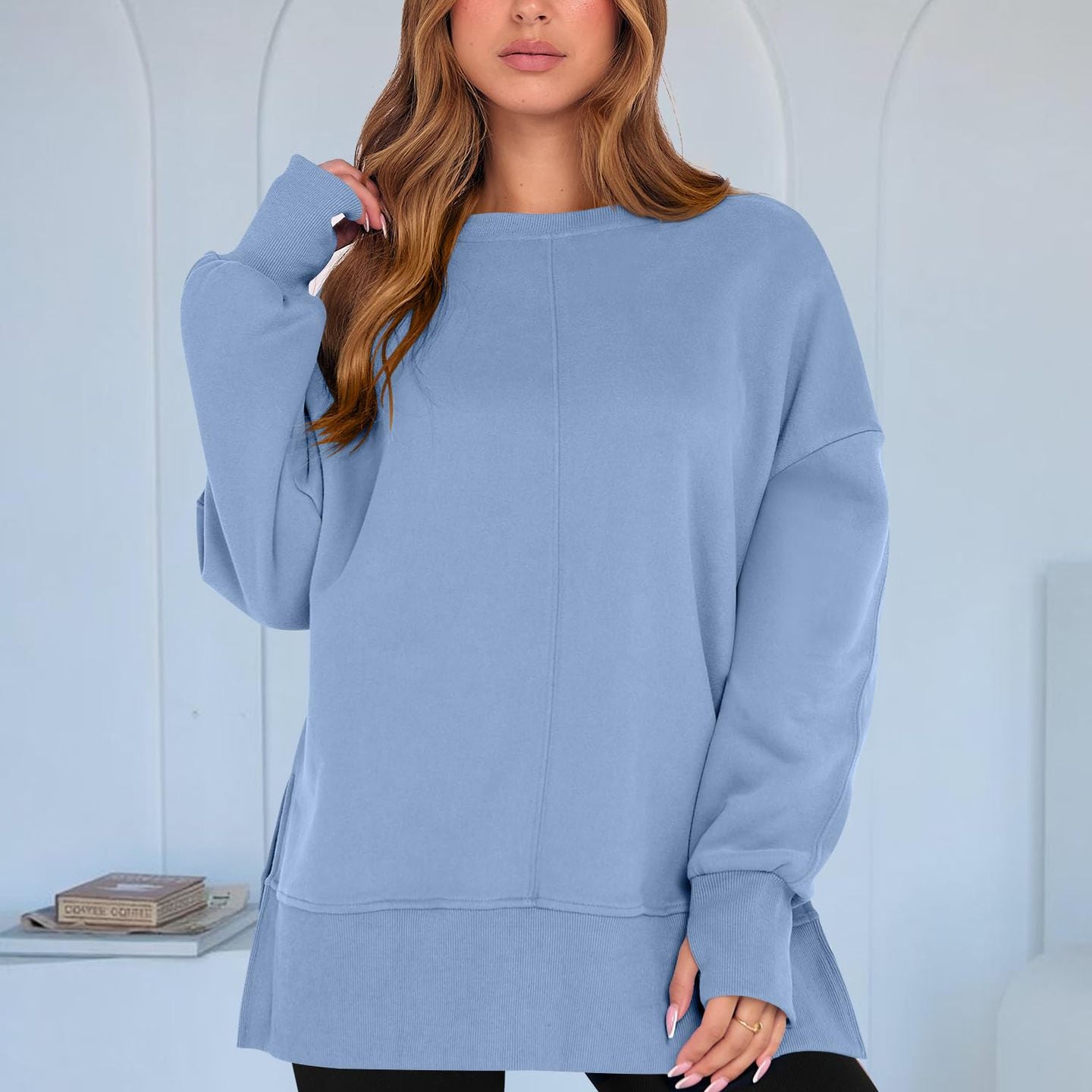 Light blue langry fashion ملابس oversized casual loose round neck pullover sweatshirt
