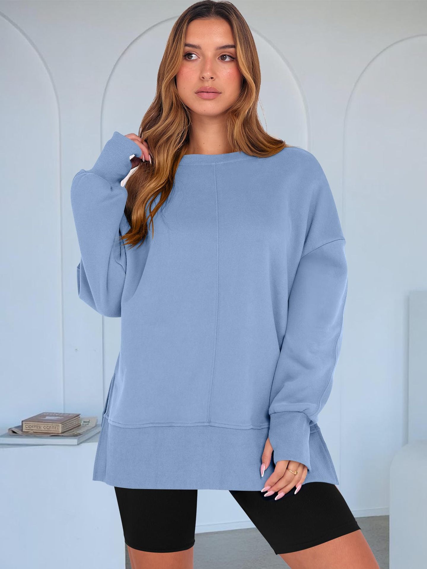 Light blue langry fashion ملابس oversized casual loose round neck pullover sweatshirt