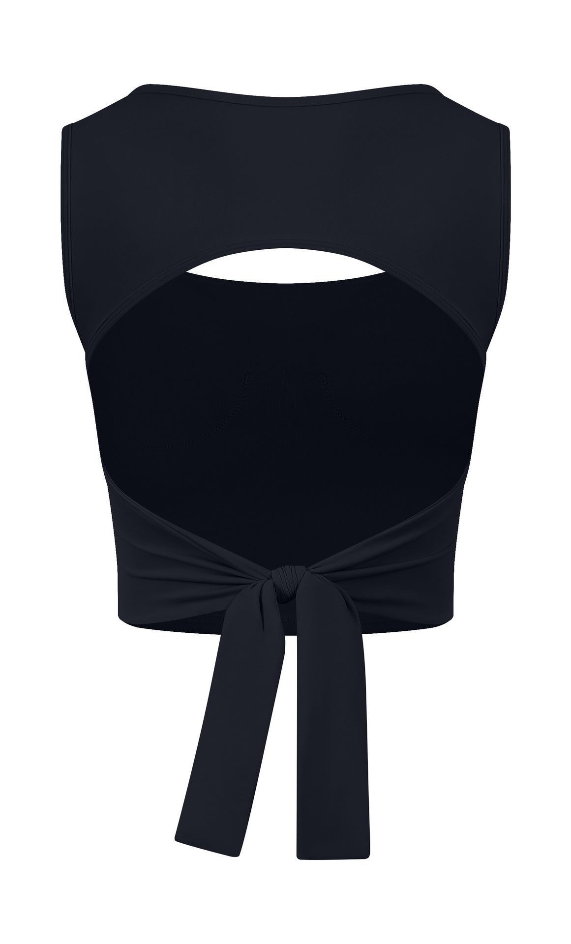 Black adjustable shockproof outdoor running bra with cropped cutout top and waist tie