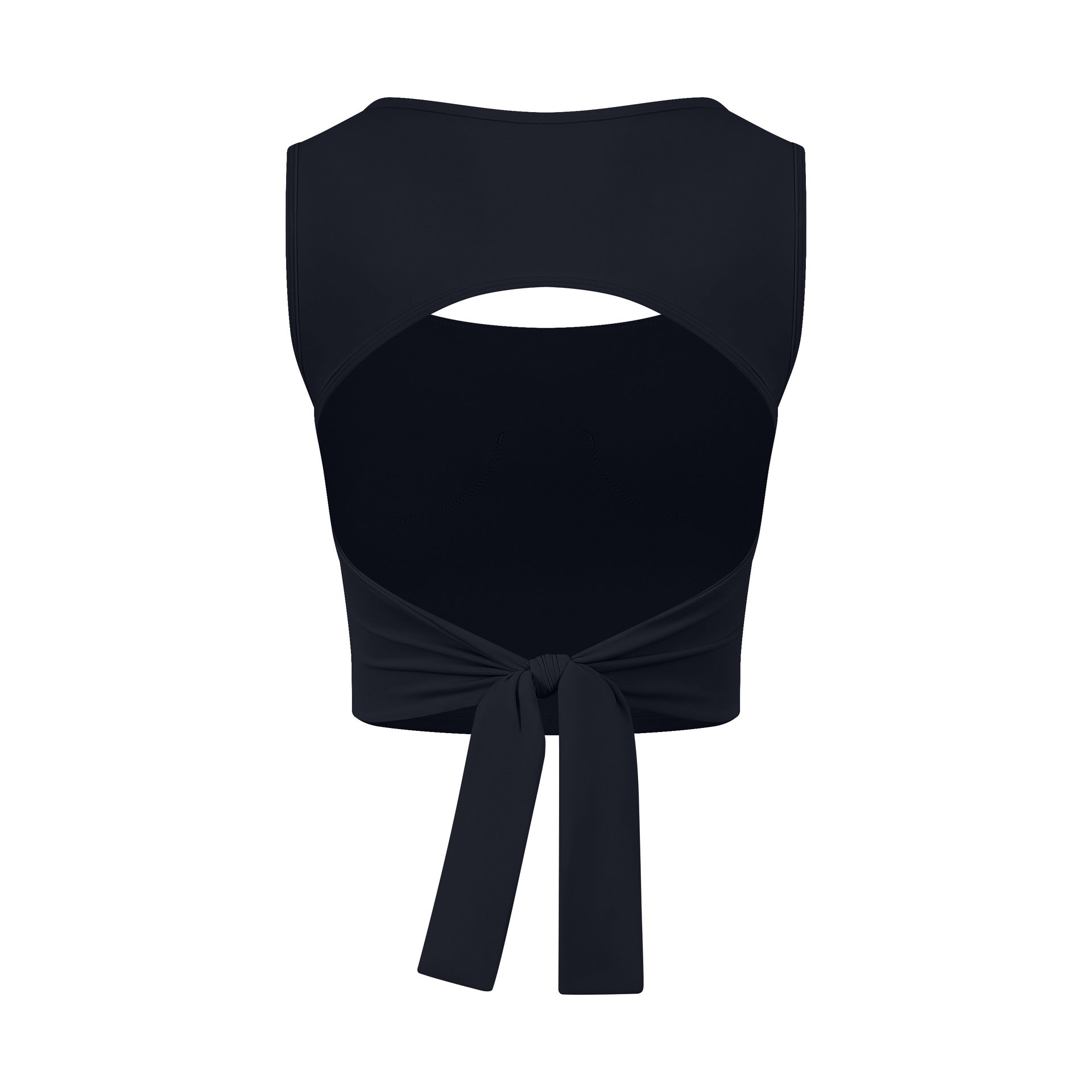 Black adjustable shockproof outdoor running bra with cropped cutout top and waist tie