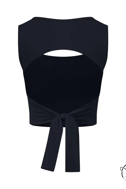 Black adjustable shockproof outdoor running bra with cropped cutout top and waist tie