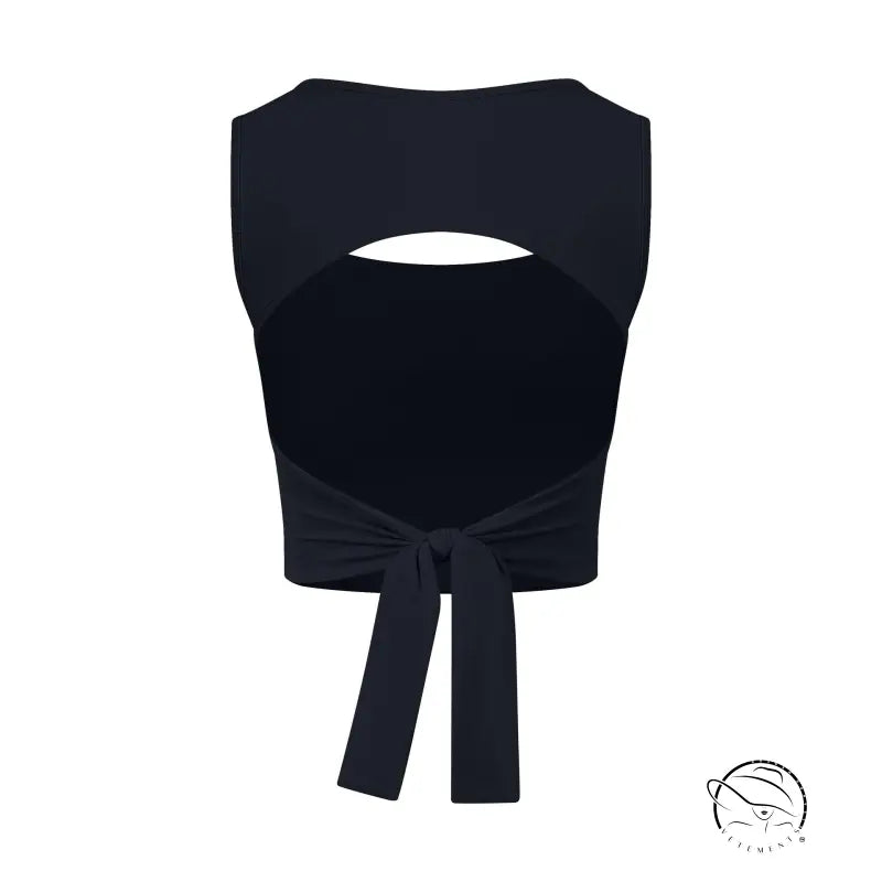 Black adjustable shockproof outdoor running bra with cropped cutout top and waist tie