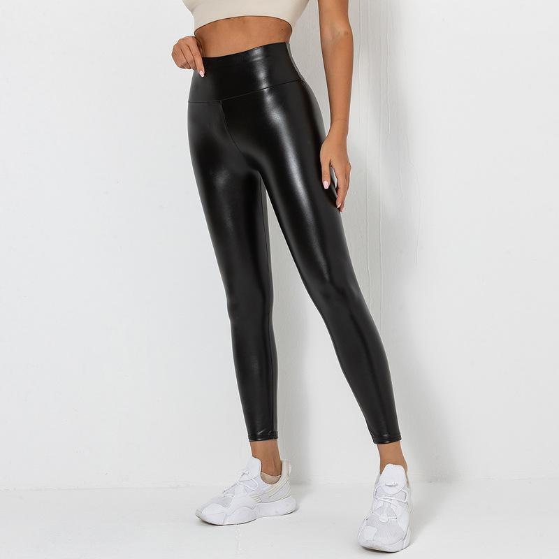 Shiny black faux leather leggings from the Langry fashion collection for stylish outfits