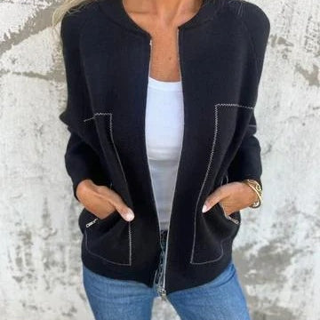 Black zip-up cardigan with pockets from Casual Zipper Solid Color Jacket, perfect for langry fashion and ملابس
