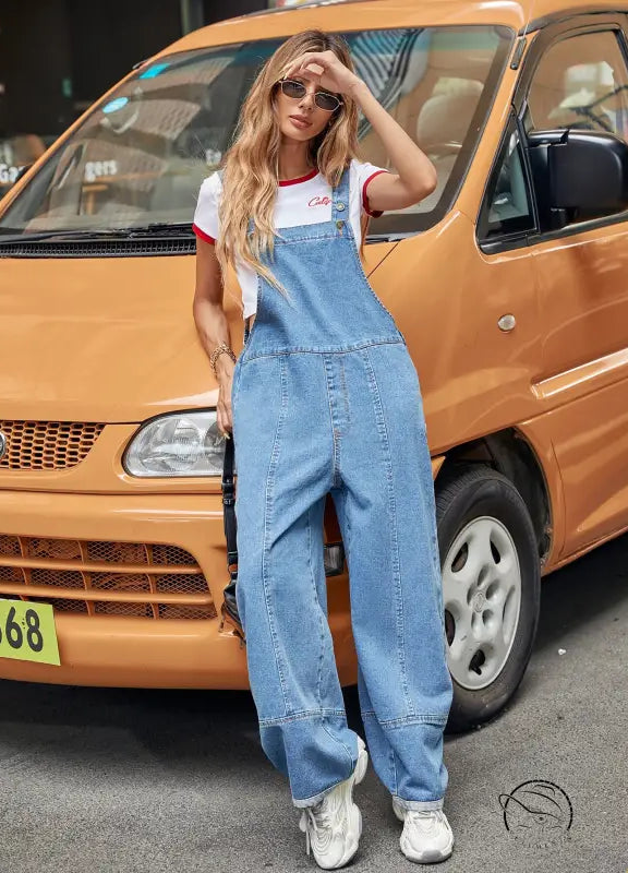 Casual denim jumpsuit with wide-leg overalls