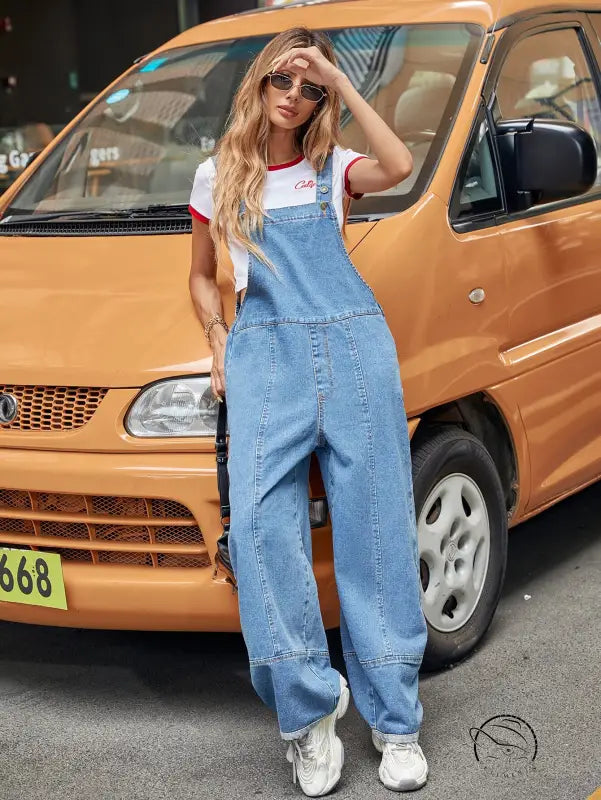 Casual denim jumpsuit with wide-leg overalls