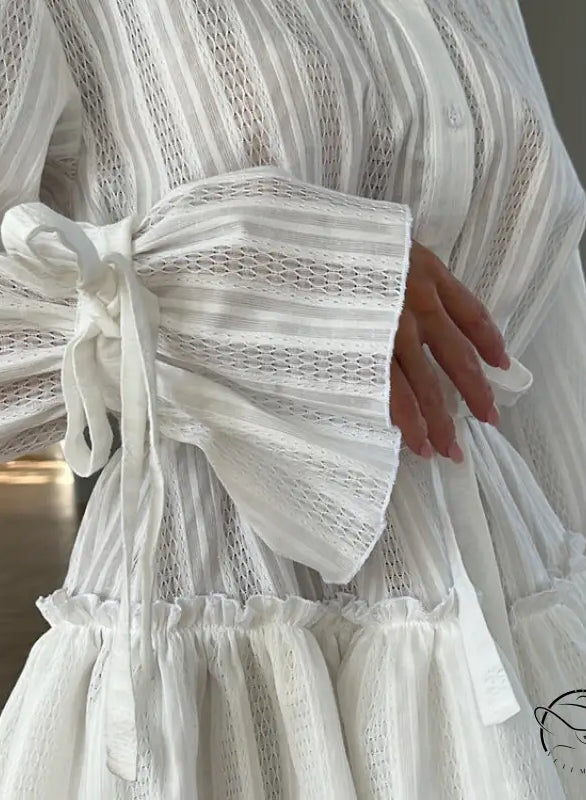 French Tie Ruffled long sleeve white lace dress with striped pattern and waist bow