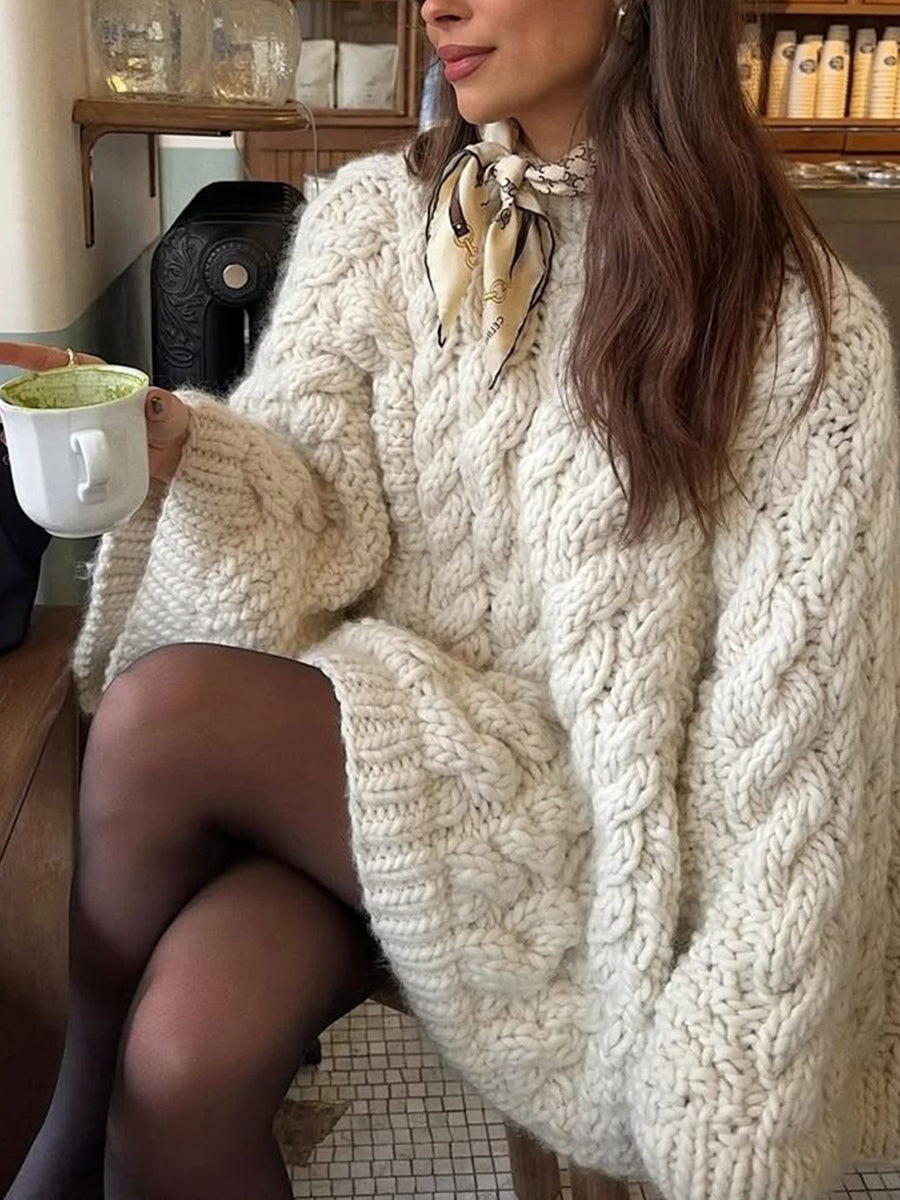 Cream cable knit oversized long sleeve sweater with bow tie detail