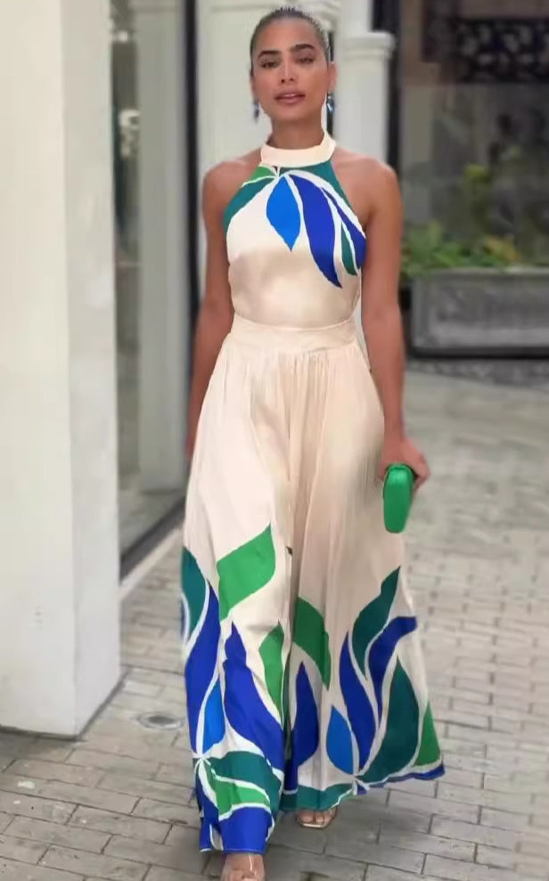 Summer printed off-white halter neck dress with blue green leaf print for women
