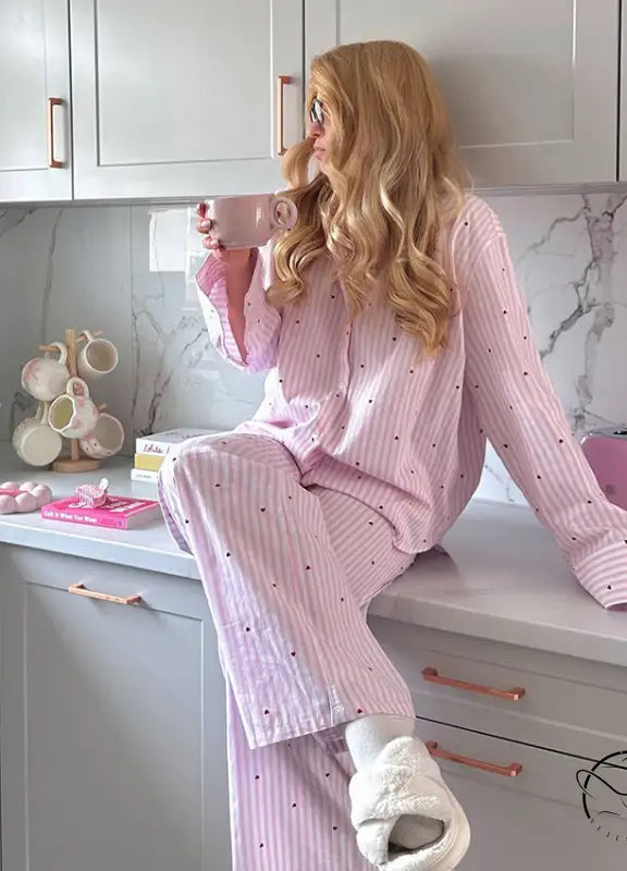 Lavender polka dot pajama set in langry fashion with ribbed texture and socks