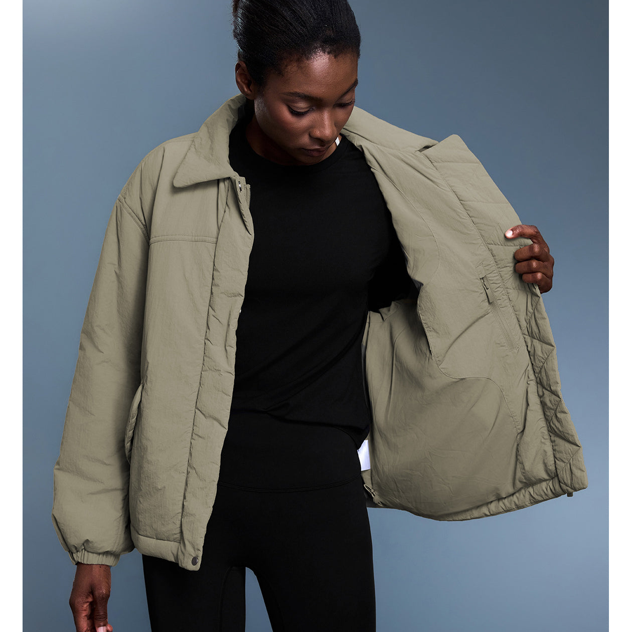 Khaki Langry puffer jacket with quilted design and drawstring hem