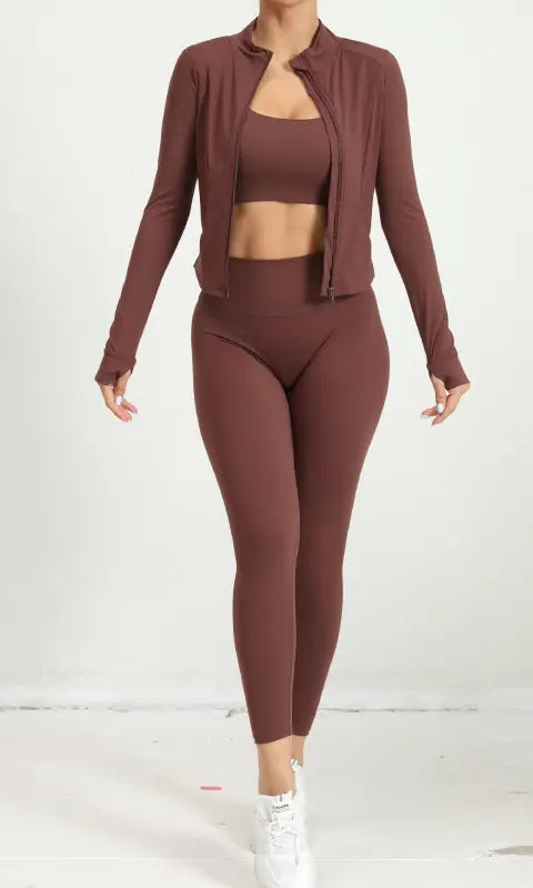 Brown three-piece yoga clothes suit with high-waist leggings and jacket