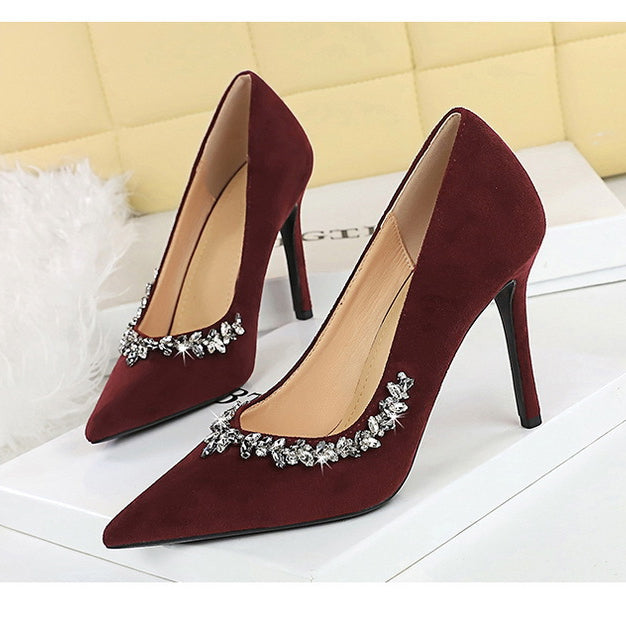 Langry fashion burgundy suede stiletto heels with rhinestones